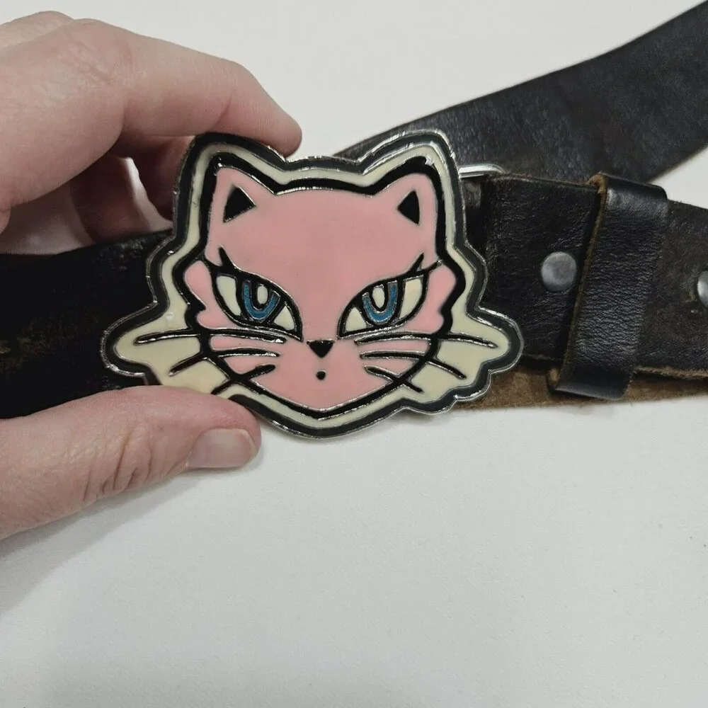 American Eagle Outfitters Leather Belt With Pink Cat Buckle‎ Size 34